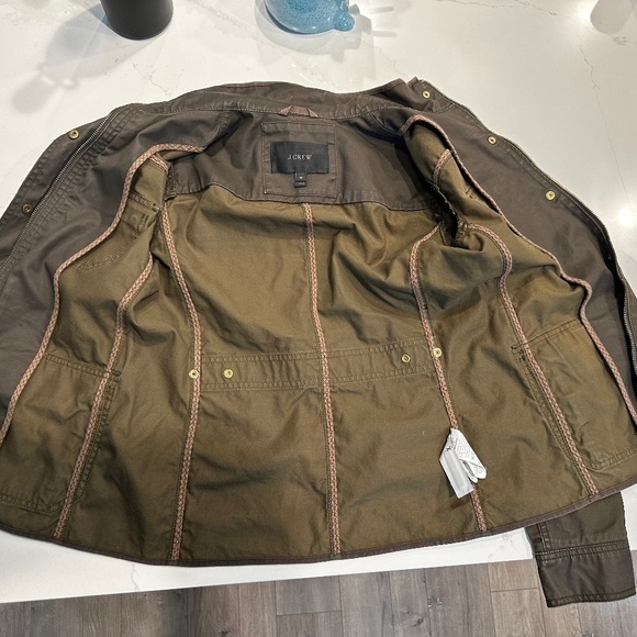 J. Crew resin-coated twill field wax jacket olive green mossy brown w gold snaps - Picture 13 of 13